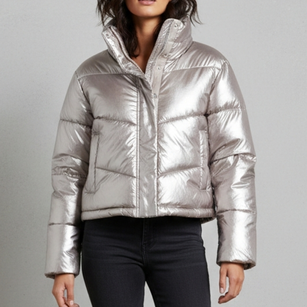 Abercrombie & Fitch Metallic Gold Mini Puffer Jacket - Size M